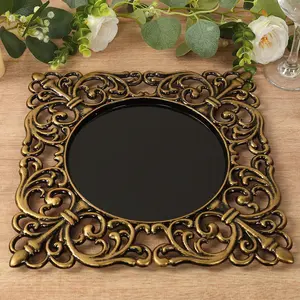 6-Pack Acrylic Charger Plates 12" Square Black with Antique Gold Hollow Lace Border - Event Tabletop Decorative Charger Tableware