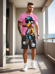 Men's Casual Fashion Set Includes Short Sleeve Top & Shorts, Base Duck Print Pattern, Fitted Style for Travel Holidays