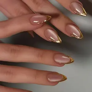 24pcs Medium-Length Almond Nails, Nude Base with Metal Trim, High Adhesion Glossy Material, Easy Wear, Perfect for Daily Use and Special Occasions