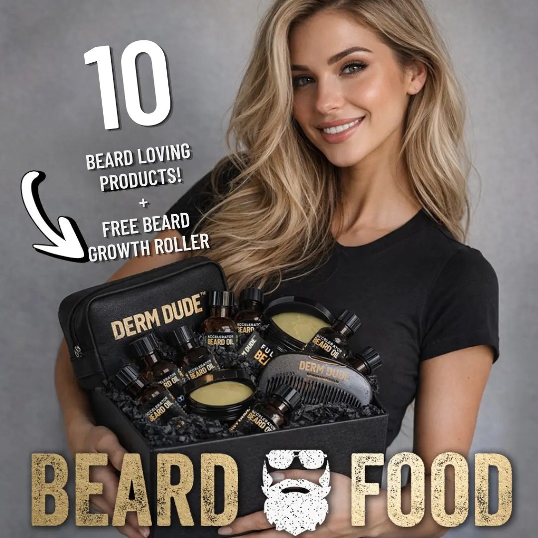 Derm Dude Beard Food Box – 10+ Full-Size Beard Grooming Essentials, Oils, Balms, Washes for Daily Beard Care & Styling