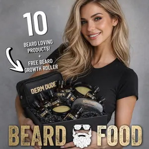 Derm Dude Beard Food Box – 10+ Full-Size Beard Grooming Essentials, Oils, Balms, Washes for Daily Beard Care & Styling