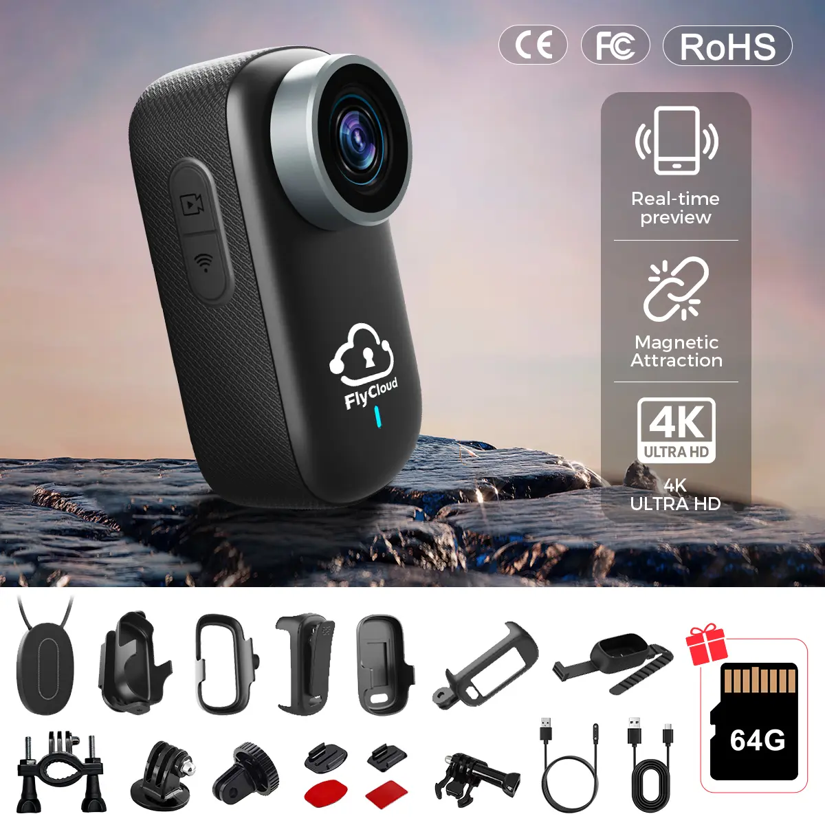 FlyCloud One 4K Mini Camera –    Video Recording Camera  Magnetic Mount, Wide-Angle Lens, Long Battery Life, Built-in Li-ion Battery APP View, Hands-Free POV Recording for Hiking, Baby, Pet, Home, Indoor & Outdoor Use