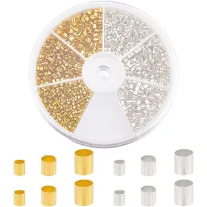 PH PandaHall Crimp Tube Beads, 3000 Pcs 1.5mm 2mm 2.5mm Brass Tube Crimp End Spacer Beads Cord End Caps Loose Stopper Bead for Earring Necklace Pendant DIY Jewelry Gift Making, Golden/Silver