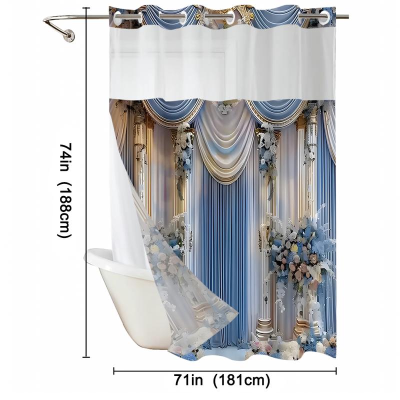Blue Floral Shower Curtain Set Elegant Draped Design | Hookless, Waterproof, Removable Liner Bathroom Decoration