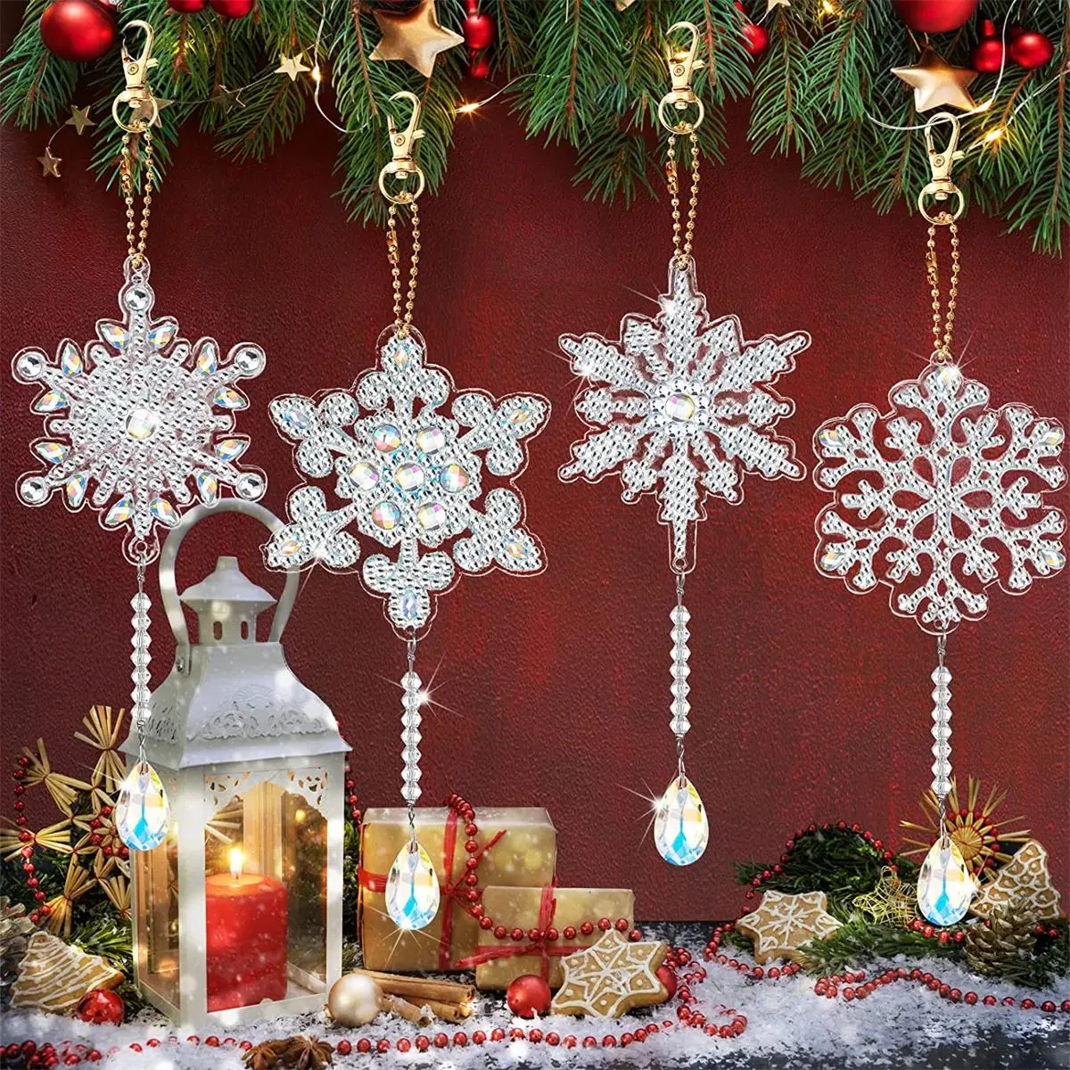 Christmas DIY Diamond Arts Colorful Painting Kit, 4 Counts/set Snowflake Shaped Hanging Ornament DIY Pendant for Bag, Car, Home, Window, Decoration Ornaments Decoration, Christmas Decorations, Holiday Decor, Festive Decoration