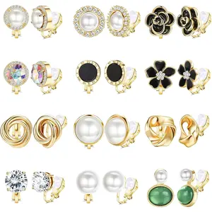 FIBO 12 Pairs Elegant CZ  Ear Clips Set for Women Girls Cubic Zircnonia Flower Earrings Fashion Non Pierced Clip on Earrings for  Daily Wear summerwins