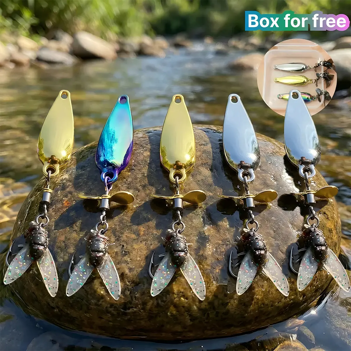 5-Pack Metal Propeller Spinner Bait Fishing Lures, 3D Prey Mimic Lifelike Fly with Realistic Look, 2cm Size, 3.5g/4.5g/5.5g Weights, Rust-Proof Saltwater-Ready Durable Build, Smooth Rotation Vortex Fish Draw for Freshwater Bass Spinning