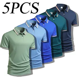 Men’s 5-pack dry-fit, moisture-wicking fabric polo shirt set; men’s style, fashionable, versatile short-sleeve minimalist tops Tropical clothing merch ideal choice Menswear Casual Shortsleeve Beige Plain, Button Front