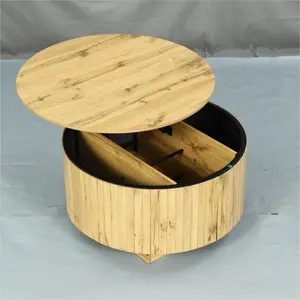 Natural Wood-Tone Round Floating Lift-Top Coffee Table with LED Lighting. Product Dimensions (Diameter / Height): 31.5" / 15.75" (80 cm / 40 cm). Includes: Coffee Table, LED Light Strip, Hardware Kit, and English Instruction Manual