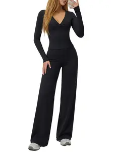 Women Crew Neck Thumb Hole Long Sleeve Top & High Waist Biker Shorts 2 Piece Yoga Outfit Set Stretchy Ribbed Slim Fit Workout Athletic Tracksuit For Gym Running Daily Loungewear