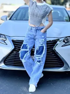 SimplYoung Women's Straight Leg Jeans with Ripped Design, Medium Blue - Womenswear, Bottom