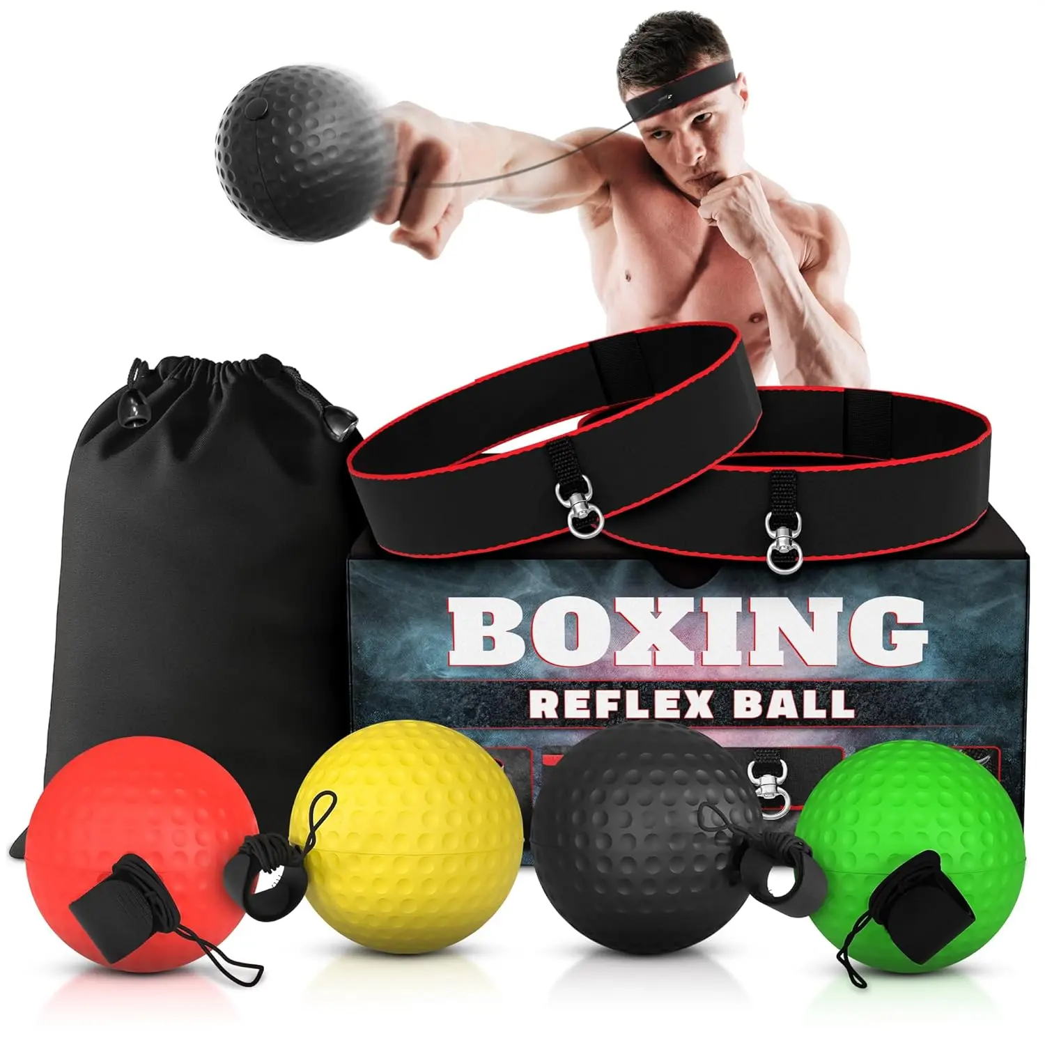 Boxing Reflex Ball Set with 4 Difficulty Balls & 2 Adjustable Headbands - Reaction Ball  Kit for Adults, Improves Speed, Focus & Coordination,   for Men, Boxers & Fitness Fans
