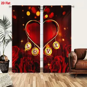 2D Flat Valentine's Day Romantic Red Heart Gold Chain Love Roses Pattern Curtain 2-Piece Set, Glowing Bokeh Sparkle Red-Brown Gradient Background Lightweight Curtains for Bedroom Living Room Decor