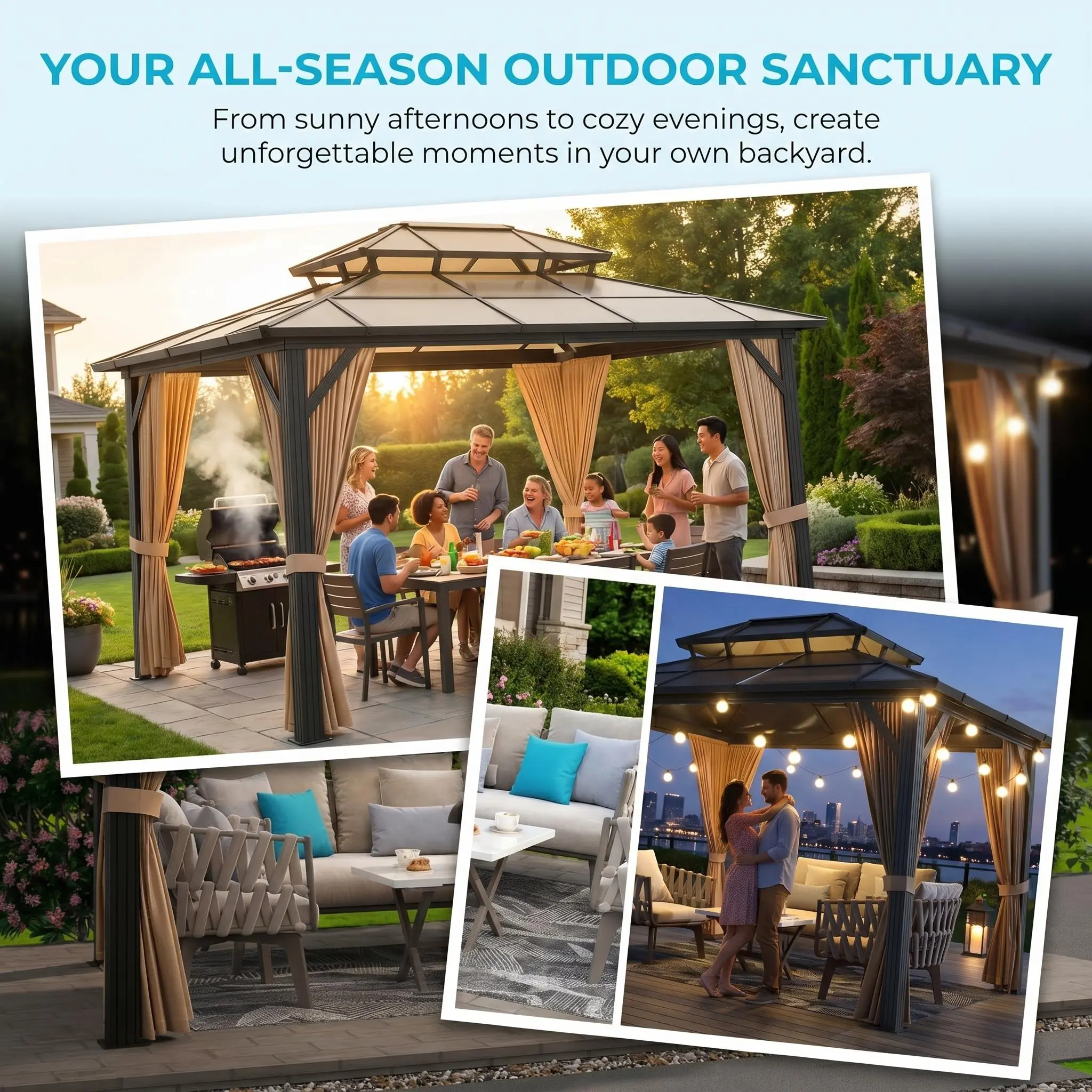 YJ-Garvee 10x12ft Hardtop Gazebo, Outdoor Polycarbonate Double Roof Canopy, Waterproof,UV protection,Aluminum Frame Permanent Pavilion with Curtains and Netting, Sunshade for Garden, Patio, Lawns,Khaki