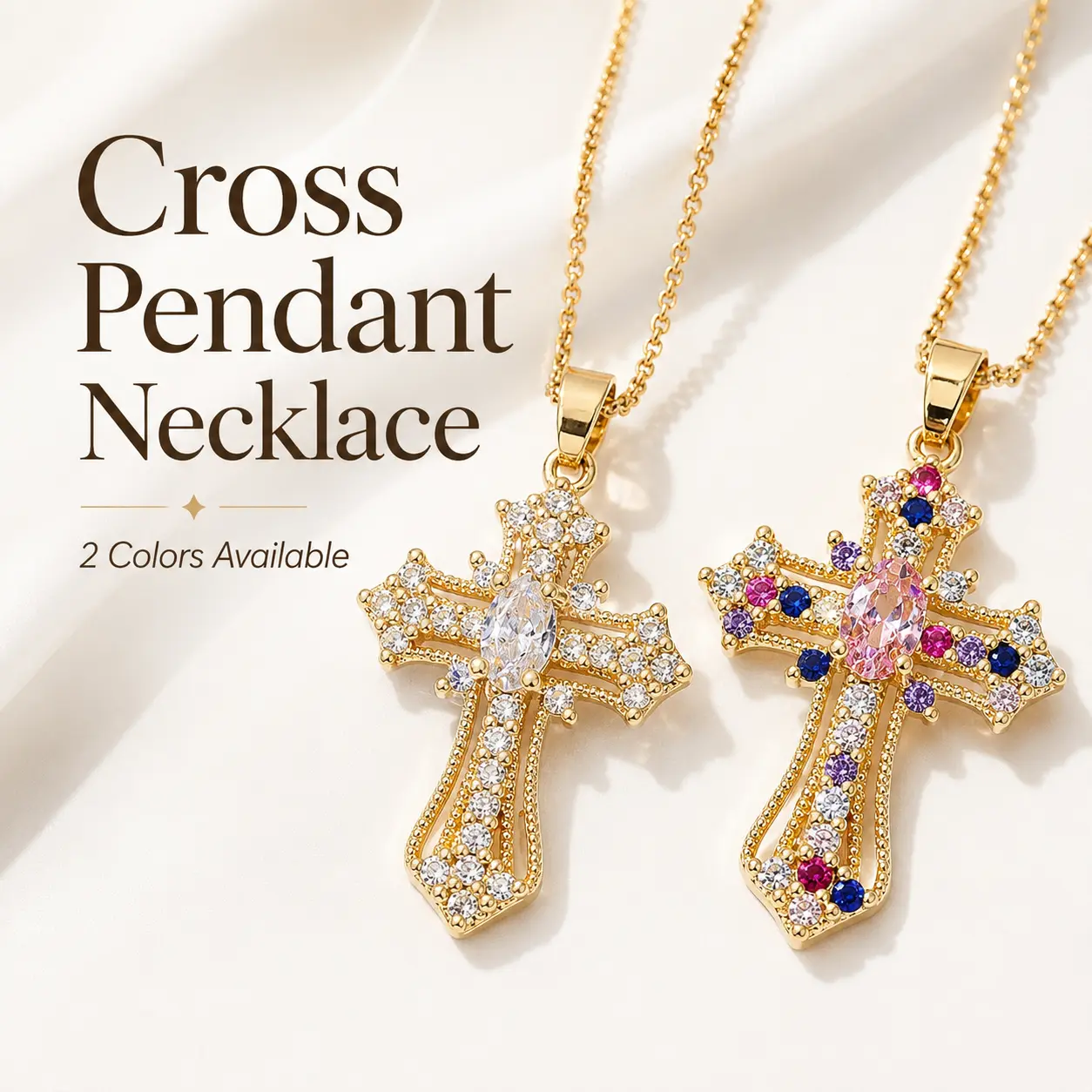 Sparkly vintage Cross Pendant Necklace for men& Women, Gold-Tone Alloy Rhinestone Necklace, White & Colorful Crystal chain Charm Jewelry, Trendy Faith-Inspired Gift