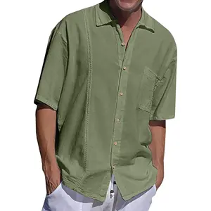 PASLTER Mens Beach Linen Shirts Short Sleeve Cuban Button Down Casual Summer T Shirt Guayabera Hawaiian Tee Loose Fit Tops Menswear Embroidery