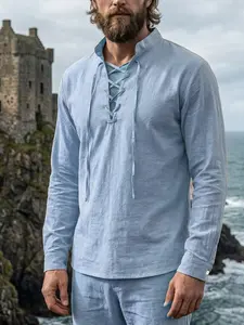 Men's linen stand-collar long-sleeved shirt - Pure color, Plain, soft fabric, 190 grams in weight, comfortable and breathable, drawstring at the collar opening design, suitable for casual wear and daily comfort
