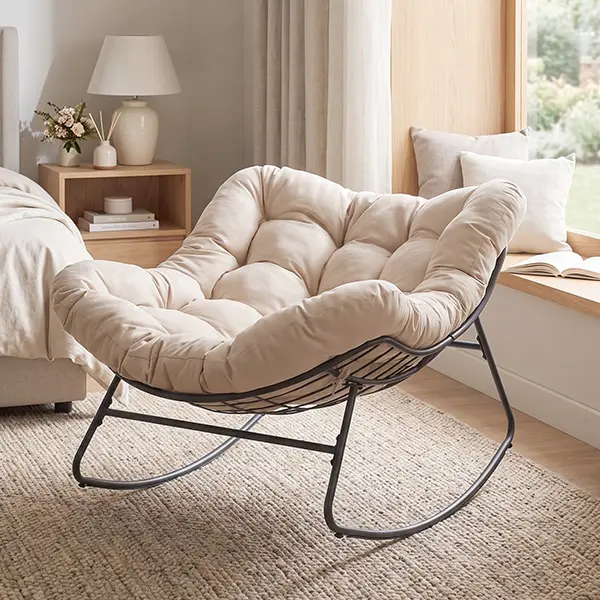 Papasan Rocking Chair Outdoor/ Indoor, Oversized Rocking Chair with Thickened Cushion, 450 lbs Large Comfy Egg Chair Indoor,Cozy Lounge Reading Glider Chair for Bedroom, Blue,dorm essentials,home decor