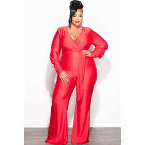 Final Sale Plus Size Faux Wrap Ruched Sleeve Shiny Jumpsuit in Red