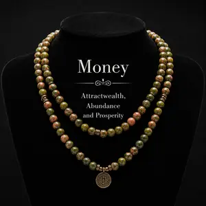 Unakite Healing Crystal Stone 108 Mala Beads Handmade Stacked Elastic Money Attraction Bracelet - Natural Stone Mindfulness Long Beaded Wrap  Genuine Gemstone Mala Prayer Beads Lotus Buddha Charm Yoga Japamala Jewelry Necklace , Elegant with Lotus Pendant