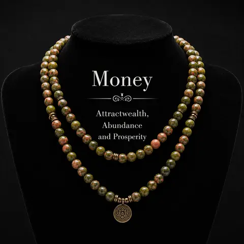 ARPURRAINA Handcrafted Unakite Gem Crystal 108 Mala Beads Elastic Bracelet - Natural Stacked Wrap with Lotus Buddha Charm, Elegant Beaded Necklaces, Daily Meaningful Ramadan Gifts for Yoga Enthusiasts