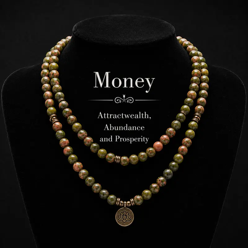 ARPURRAINA Handcrafted Unakite Gem Crystal 108 Mala Beads Elastic Bracelet - Natural Stacked Wrap with Lotus Buddha Charm, Elegant Beaded Necklaces, Daily Meaningful Ramadan Gifts for Yoga Enthusiasts