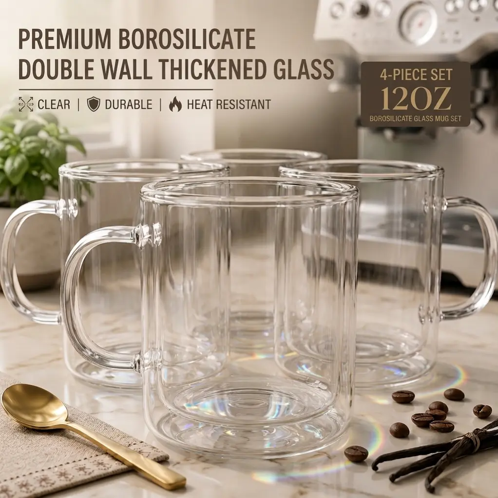 4-Pack 12oz/350ml Double Wall Insulated Glass Coffee Mugs with Handle, Clear Borosilicate Cups for Latte, Cappuccino, Espresso, Iced Coffee, Tea, Condensation Free, Microwave & Dishwasher Safe, Gift Set #Drinkware #weeklydeals#TikTokShopSummerSale