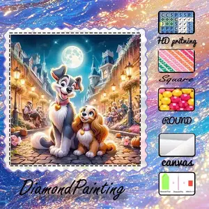 DIY 5D flocking cloth diamond painting kit, AB drills, fairy dust drills, crystal drills, dog, moon, town diamond embroidery, special craft diamond art set, wall decoration, gift for family, loved ones, friends, Handmade Gifts.