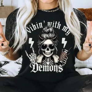 Graphic T-Shirt – With My Demons Skeleton Tee, Gothic Demon Shirt with Dark Humor Proverbs, Womenswear Love Top, Check Print Fabric Style, Trendy Casual Short Sleeve
