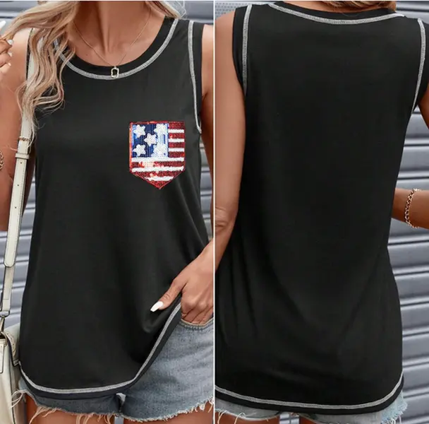 Black Sequined American Flag Patched Exposed Seam Tank Top for Summer Casual Wear with Unique Design and Sequined Detail