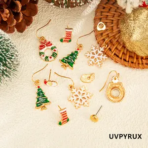 Festive Holiday Earrings Set 6 Pair/Set: Red-Green Tree/Snowflake/Wreath Dangle & Stud Jewelry For Christmas Parties