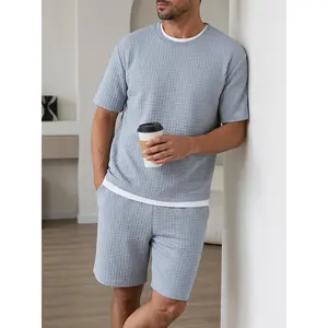 Men's Heavyweight 240g Jacquard Grid Set, Heather Grey Textured 2-Piece Summer Outfit, Structured Crewneck Tee & Shorts, Anti-Wrinkle Micro-Stretch Athletic Suit dungarees