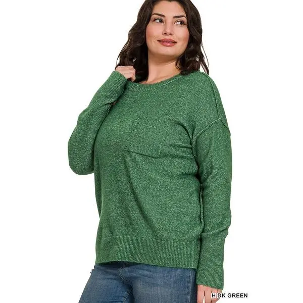 Zenana Mélange Crew Neck Slit Hem Pocket Sweater