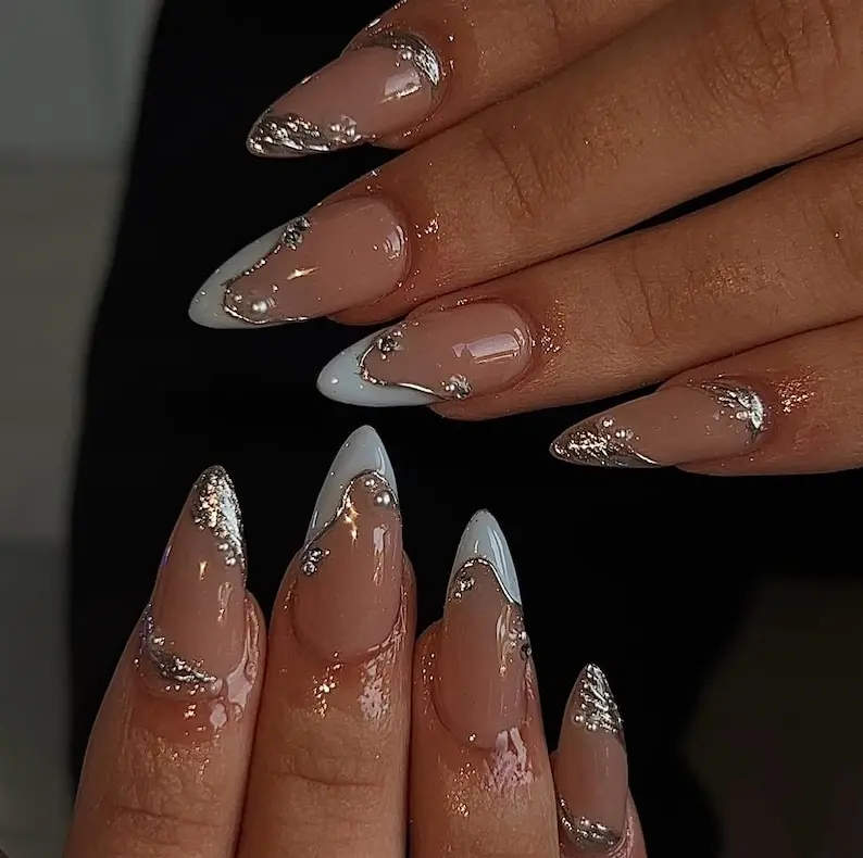 Nailed by Vibe - Elegant Nude White Silver Press-On Nails, French Tip Chrome Accent, Bridal Handmade Nail Art, Luxury Party Wedding Vibes, Summer Nails, Gifts for Her