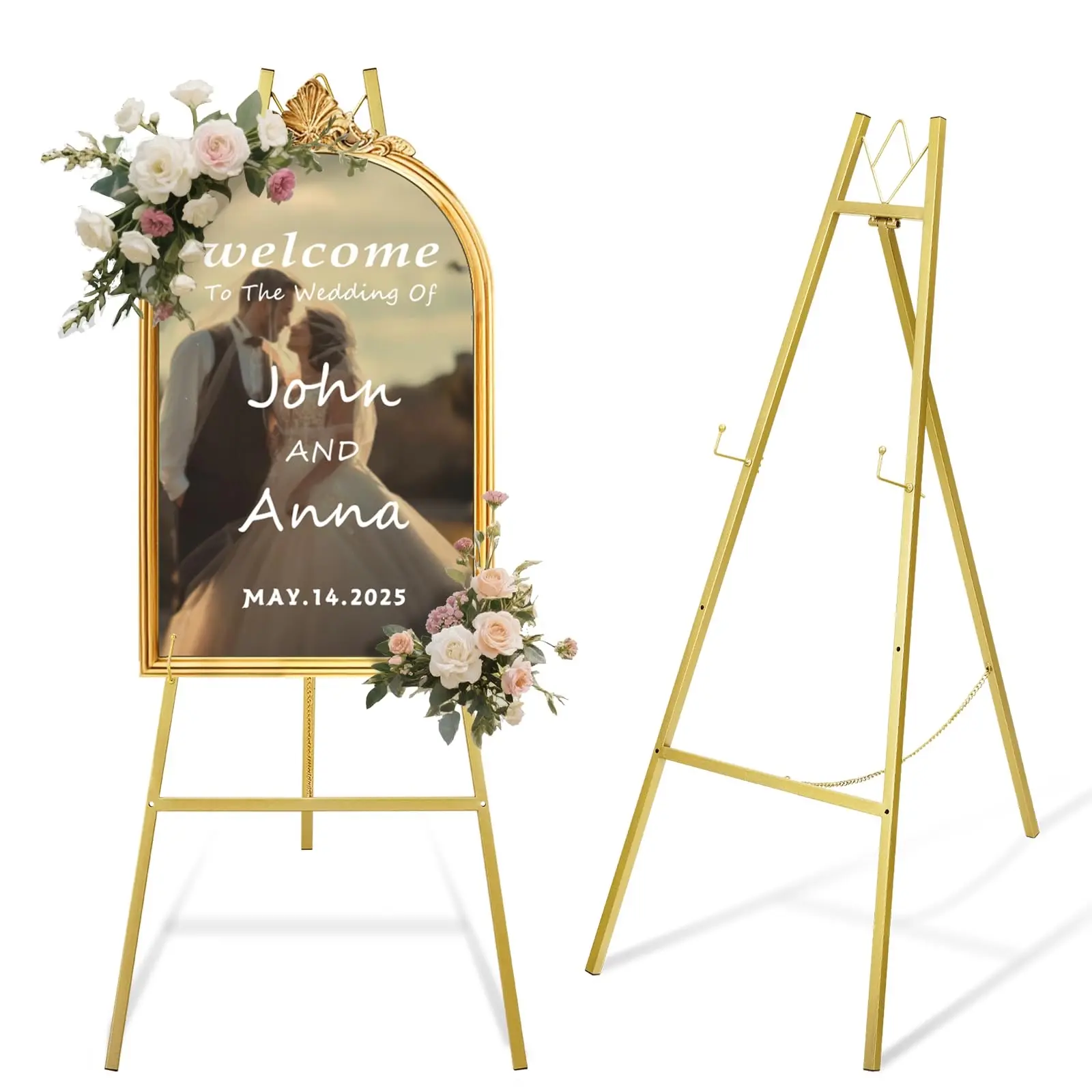 Gold Easel Stand for Sign–Adjustable Floor Heavy Duty Metal Display Easel Versatile Use for Wedding Signs, Art, Posters, Pictures Welcome Signs 4-Tier Height Commercial Display Easel for Parties & Galleries