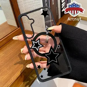 MagSafe Phone Case Compatible with Galaxy S24 Plus S25 S23 FE S22 Ultra S22+ Black Star Pattern Clear Acrylic Hard Back Soft TPU Edge Non-Yellowing Protective Cover for Girl