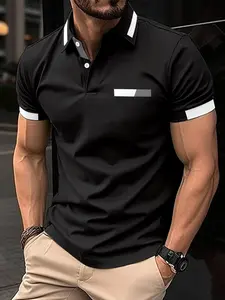 Men's Summer Fashion Printed Polo Shirt, Loose Fit Sport Button Design, Gym Running Elastic Short Sleeve Tee, Flip Collar Top, Casual Polo Shirt