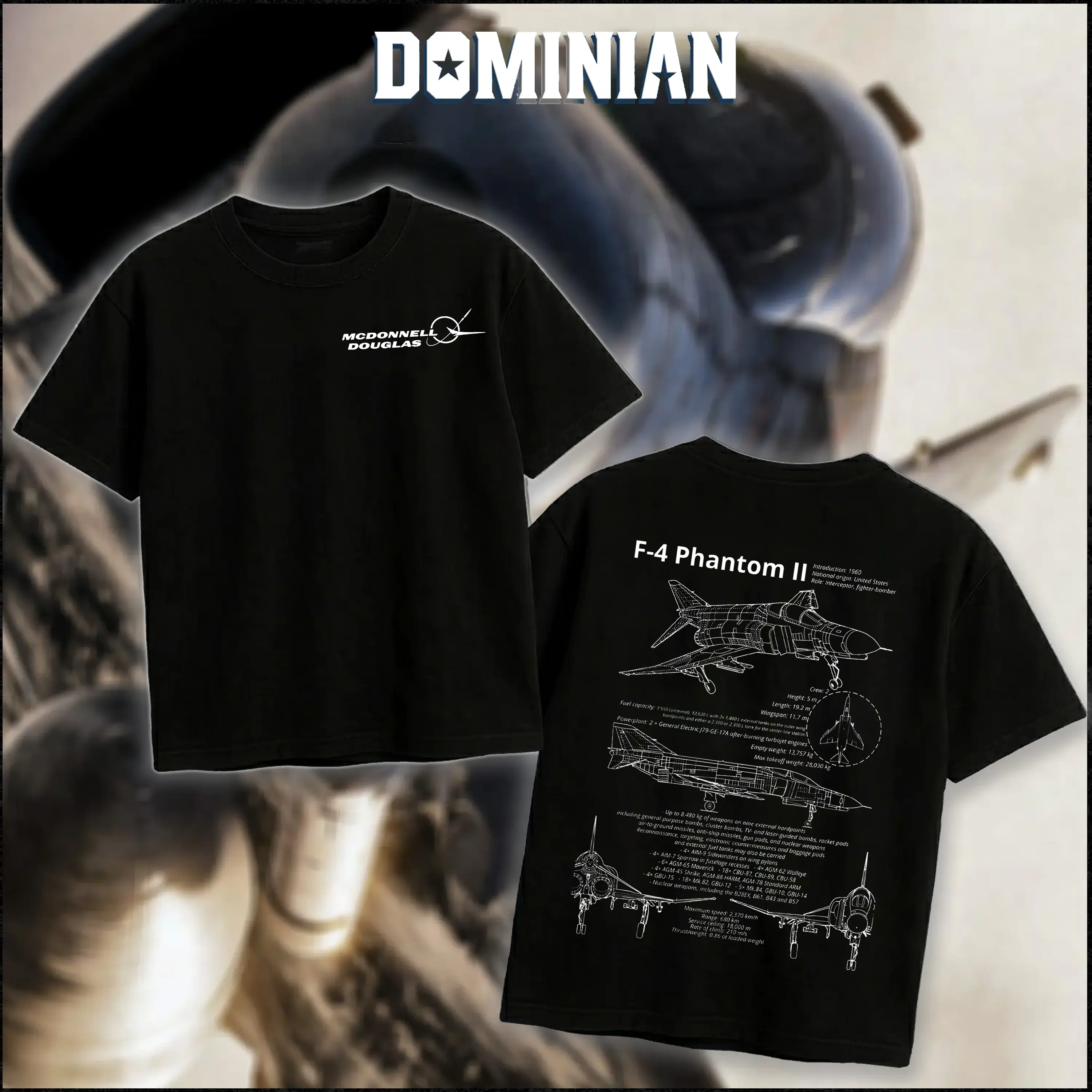 DOMINIAN F4E Phantom II Blueprint T-Shirt/Hoodie Vintage Mcdonnell Douglas Graphic Tee Military Enthusiast Streetwear Clothing Gift for Men Breathable Printing