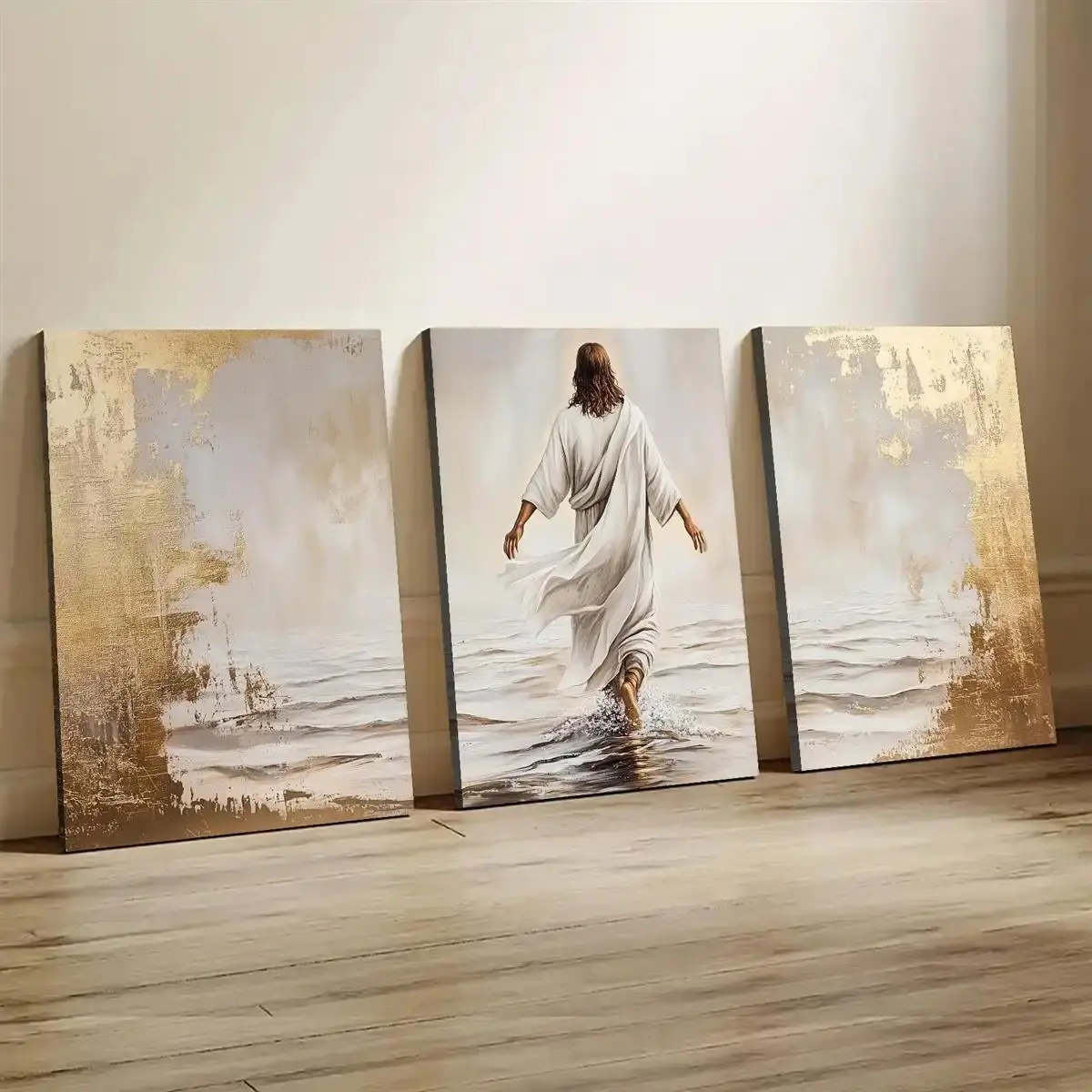 Christianity 3-Piece Pine Wood Framed Faith-Inspired Scene Wall Art Set - Jesus Walks Canvas Print, Soft Tones with Gold Accents, Waterproof Durable Wrapped Canvas, for Indoor Bedroom, Living Room Decor