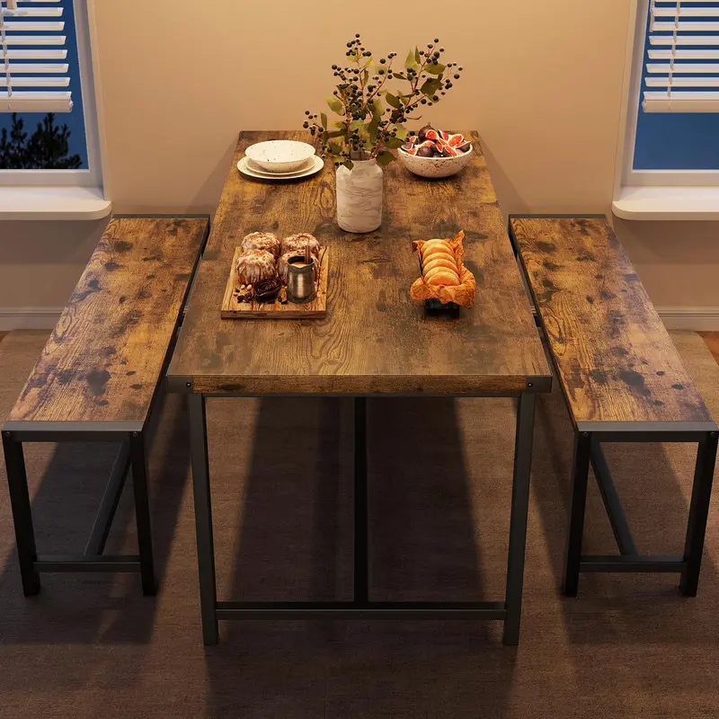 【Christmas Gift】Brown Dining Table Set for 4, Kitchen Table with 2 Metal Wood Benches, Rectangular Room Dining Table Set, 3 Piece Farmhouse Kitchen Table Set for Small Space, Apartment, Studio, Rustic Brown