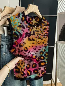 Women's Casual Fitted Knit Top, Womenswear Spring Summer Round Neck Sleeveless Knitted Sweater, Deep Blue Leopard Print, Fall Winter