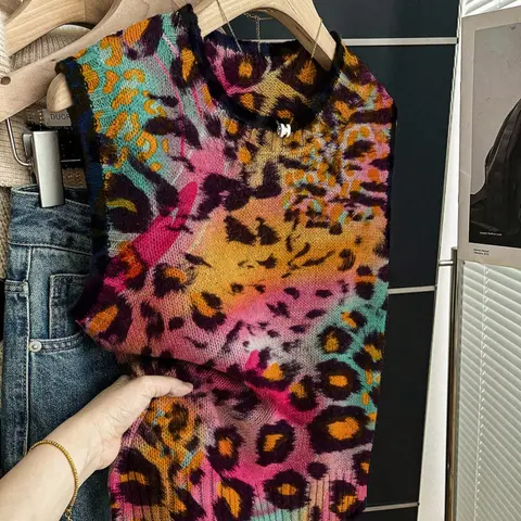 Women's Casual Fitted Soft Knit Top, Fashion Knitwear, Spring Summer Round Neck Sleeveless Knitted Sweater, Deep Blue Leopard Print, for Fall & Winter, for Ladies