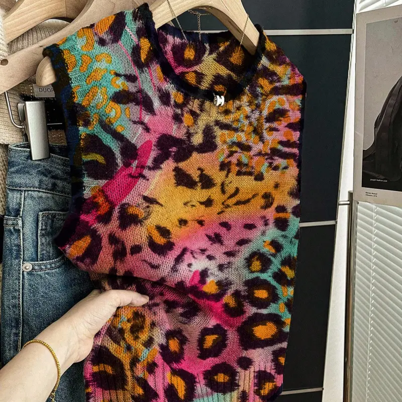 Women's Casual Fitted Soft Knit Top, Fashion Knitwear, Spring Summer Round Neck Sleeveless Knitted Sweater, Deep Blue Leopard Print, for Fall & Winter, for Ladies