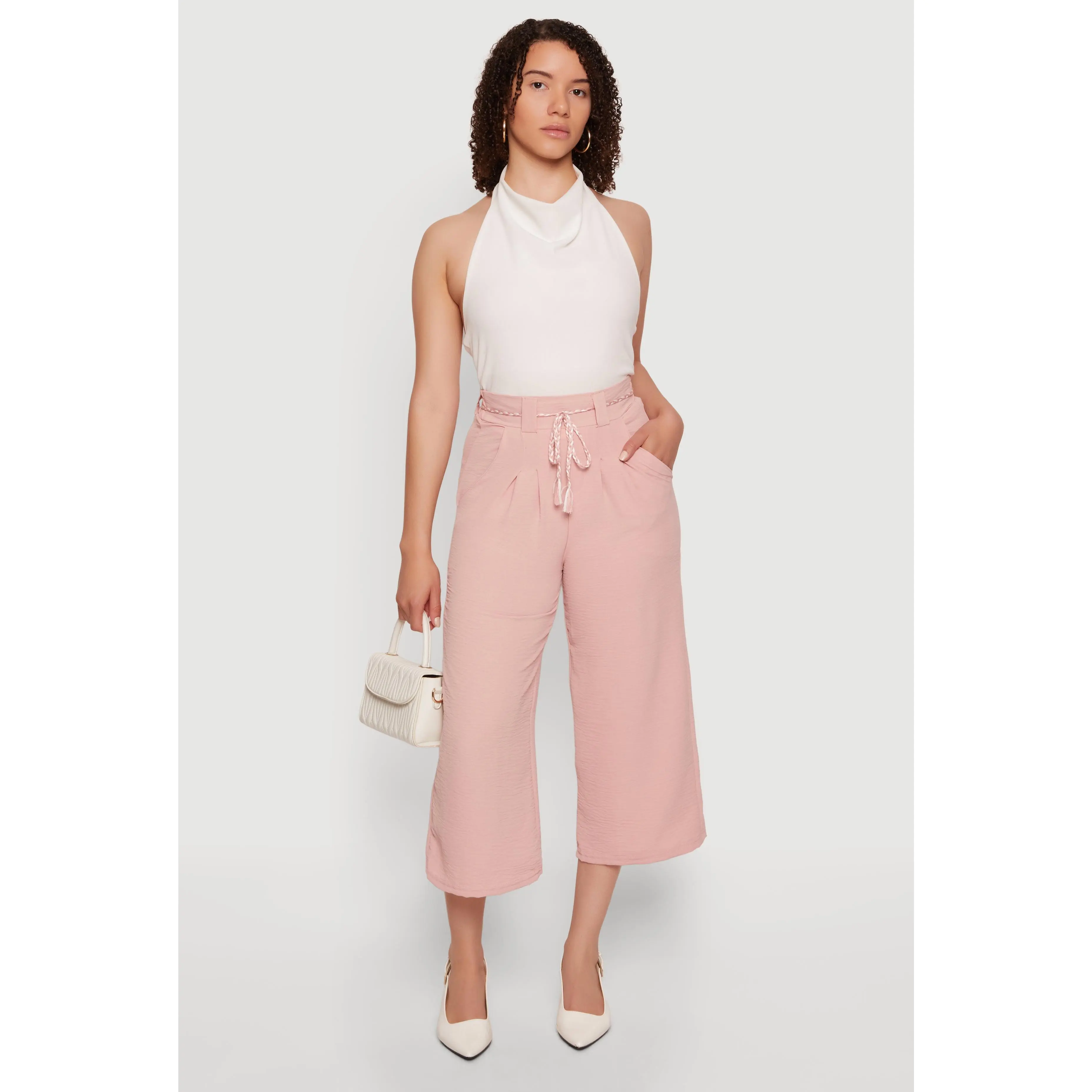 Crepe Knit Pleated High Waisted Capris Pants