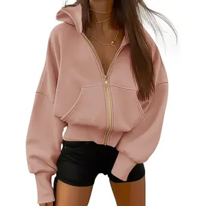 Sister Qin's Wardrobe [Brown Hoodie] Stylish Brown Women's Zip-Up Hoodie | Casual Long Sleeve Pullover with Pockets - Knit Polyester Fabric, Casual Wear Hoodie for Spring & Fall