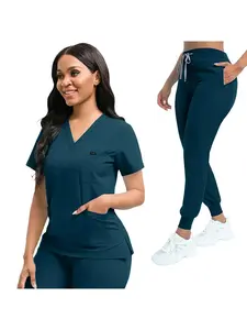 2026 New Nursing Center Work Clothes Women's Solid Color Fitted Short Sleeve Top and Pants Casual Uniform Scrub Set with Three Pockets