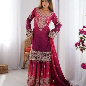 Sharara Women's Chinnon Silk Party Wear Suit SP-01 Elegant Design for Formal Occasions with Front and Back Micro-Work, 2.2 Meter Length - Dress, Elastic