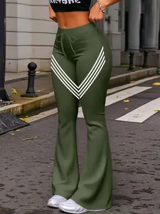 Women's Casual Fashion Long Pants, Sporty Fine Stripe Print Yoga Jogger Pants, Flared Sweatpants, Drawstring Waist, Fitted Flare Leg, All Seasons Wear