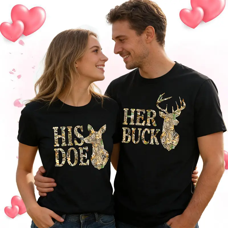 Women's Short-Sleeve Casual Vintage Geometric Camo "Her Buck""His Doe" Deer Hunting Matching Couple T-Shirt