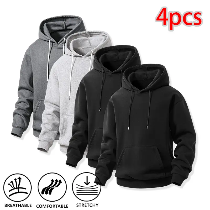 Men's 4-Piece Classic Hoodie Set - Loose Drop-Shoulder Hoodies for Weekend Gatherings, Outdoor Outings